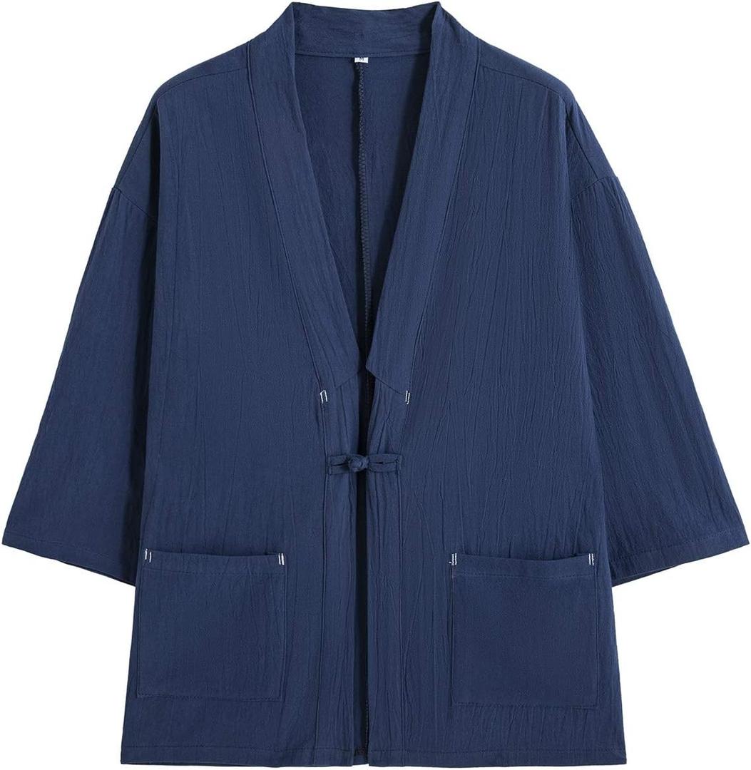 PRIJOUHE Men's Japanese Kimono Jacket Cardigan Yukata Noragi Casual Fashion Seven Sleeves Lightweight Open Front Coat (Large, 21-navy)