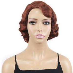 onemily 12Inch 1920s Wig for Women Short Finger Wave Curly Wigs Synthetic Heat Resistant Hair Wigs for Halloween Cosplay Costume Party(Reddish Brown)