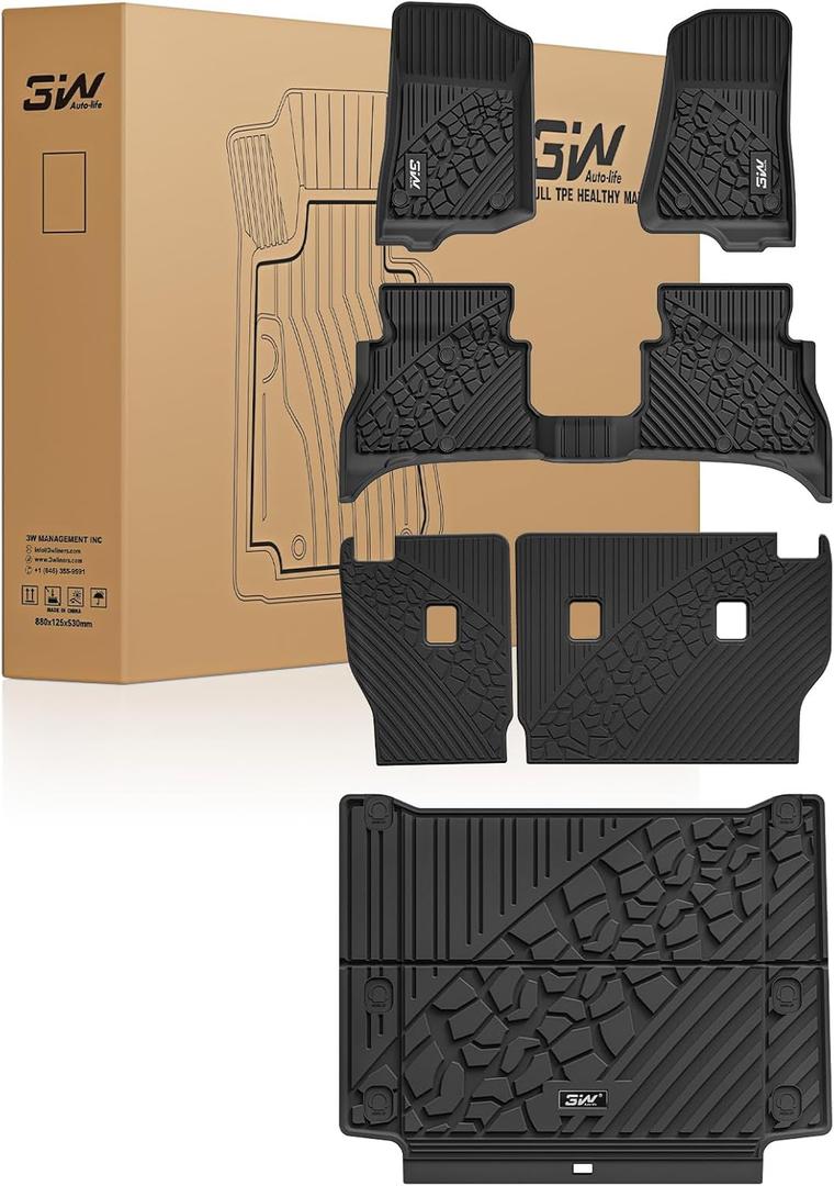 3W Floor Mats & Cargo Liner & Backrest Mats for Jeep Wrangler 4XE 2021-2024 2025 (Non JL/JK), All Weather TPE Rubber Heavy Duty Wrangler 4XE Accessories (Hybrid & 4 Door with Subwoofer)
