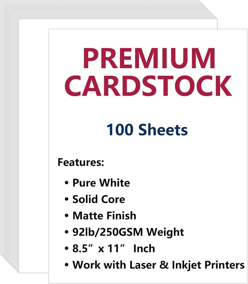 Cimlaga 100 Sheets White Cardstock 8.5 x 11 In, 92lb/250gsm Cover Card Stock, Thick Cardstock Printer Paper for Invitation, Menus, Wedding, DIY Cards, Scrapbook Supplies