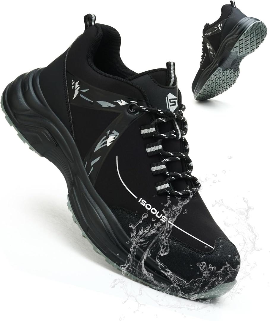 ISOOUS Steel Toe Shoes for Women Men Wide Waterproof Non Slip Work Sneakers Lightweight Breathable Safety Tennis Shoes Comfortable Construction Work Safety Puncture Proof Indestructible Work Shoes (8 Women/6.5 Men, Black)