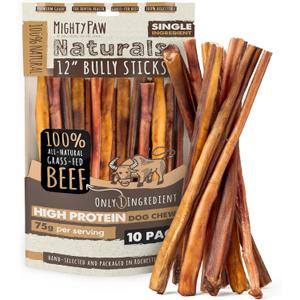 Mighty Paw Naturals Bully Sticks, Grass-Fed Beef Chews, 12", 10 Pack (EXP 04/28/28)
