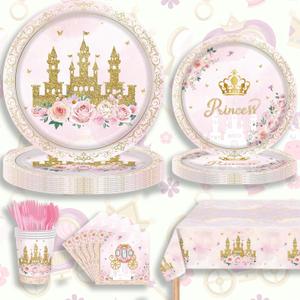 Pink Castle Party Supplies Set, Princess Theme 141 Pieces with Plates, Napkins, Cups and Tableware for 20 Guest Pink Castle Design Cuterly for Princess Party