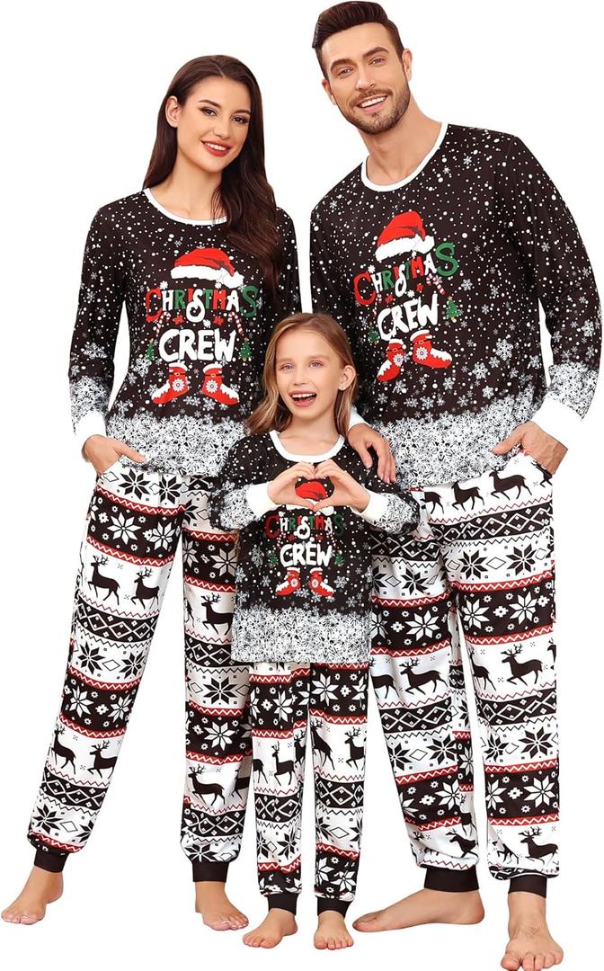 SWOMOG Family Christmas Pajamas Matching Sets Holiday Christmas Jammies Christmas PJs Matching Xmas Pjs for Adults Kids Black Christmas Print 140