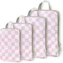 WOOMADA Compression Packing Cubes for Suitcases Travel Essentials 4 Set Expandable Travel Bags Organizer for Luggage(pink checkerboard)