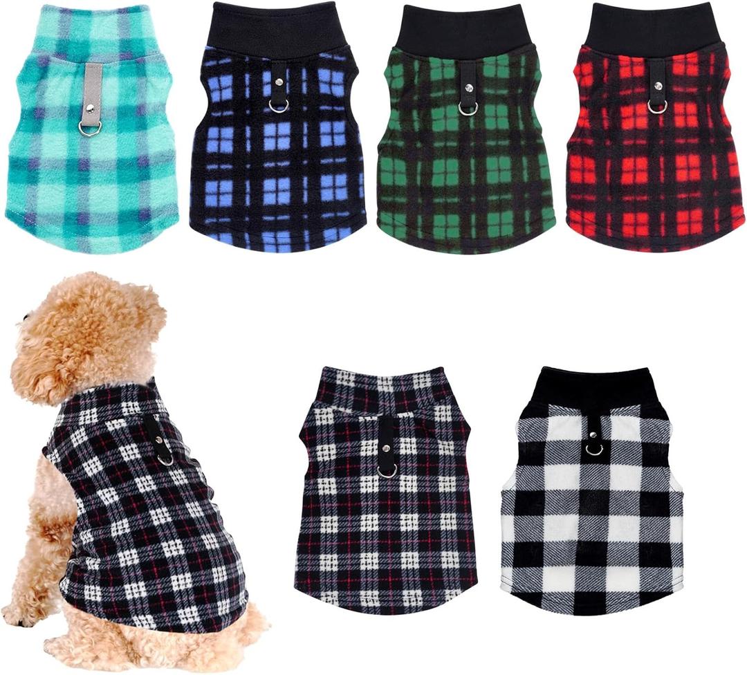 Rbenxia 6 Piece Buffalo Plaid Dog Sweater Set Soft Fleece Vest & Pullover Jacket with Leash Ring for Puppy, Cat Small Dog Pets Warm Winter Outfits (Red, Green, Blue, Black, Bright Blue, Gray, Small)
