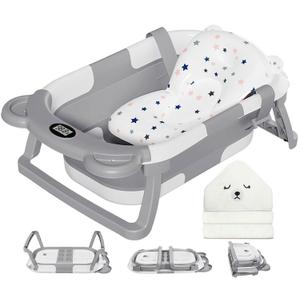 MoreFeel Collapsible Baby Bathtub for Newborn with Thermometer & 1 Hooded Towel & 1 Soft Floating Cushion,Portable Travel Bathtub with Drain Hole, Durable Foldable Baby Tubs for Infants to Toddler (Grey)
