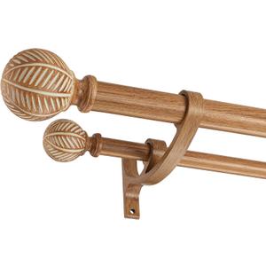 Wood Double Curtain Rods Set for Windows 36 to 72 Inches (3 to 6 ft), Adjustable Heavy Duty Dual Drapery Rods, 1 Inch Boho Rustic Decorative Design with Imitation Wood Grain Leaf Finials