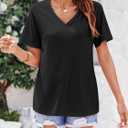 2 x Womens V Neck Tshirts Short Sleeve Loose Casual Summer Tops with Pokcet (Black)