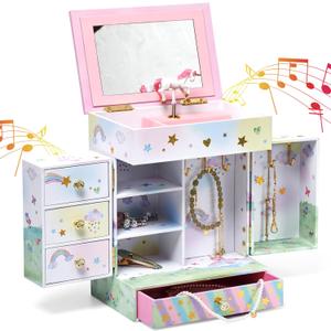 Jewelkeeper Kids Jewelry Box - Unicorn Theme - Musical Jewelry Box with Drawers - Artificial Wood Material - Includes Fancy Mirror and Twirling Figurine - Perfect for Girls