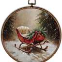 XBBMGG Winter Christmas Red Sleigh Wall Art Decor, Farmhouse Christmas Round Wall Hanging Decor, Rustic Holiday Winter Xmas Framed Canvas Prints for Home Bedroom Living Room Decorations, 10x10inch