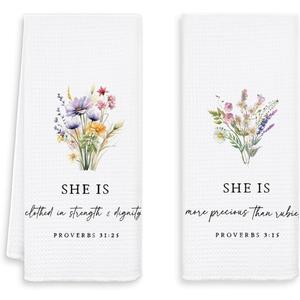 Floral Christian Kitchen Towels Set of 2, Proverbs 31 Woman Gifts, Bible Verse Decorative Dish Tea Towels for Kitchen, Religious Gifts for Women Hand Towels for Bathroom Decor, 16x24 Inch