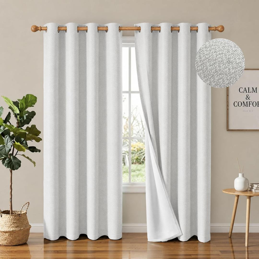 2 Panels 100% Blackout Linen-Textured Curtains, Thick Thermal Insulated Grommet Drapes with Subtle Herringbone Weave, Luxury Decor for Bedroom/Living Room, 54 x 84 Inches, PurWhite