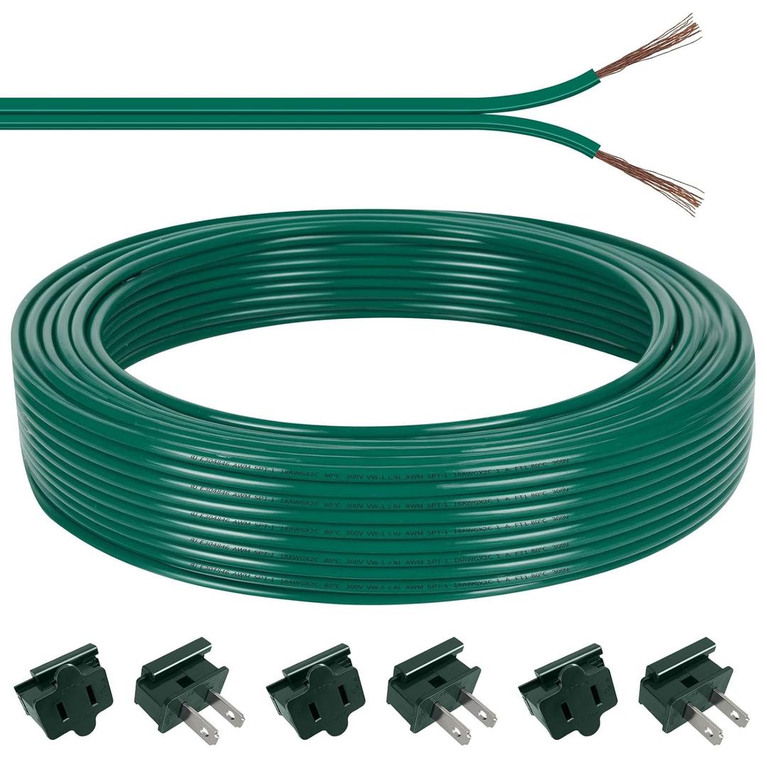 60FT SPT-1 Christmas Electrical Wire with 6pcs Vampire Plugs, 18/2 Gauge Low Voltage Extension Cord, 18 AWG 2-Conductor Flexible Wire for Outdoor Holiday Lights, Landscape Lighting