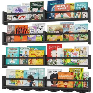 34Inch Nursery Bookshelves,Set of 4,Wall Floating Shelf Kids Coat Rack with 6Hooks,Hanging Book Shelf for Baby Nursery Room Dcor Patent Number: 29958098(Black, 34)