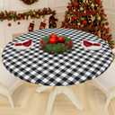 Smiry Round Picnic Tablecloth, Elastic Waterproof Fitted Vinyl Tablecloths for 31"-35" Tables, Flannel Backed Buffalo Plaid Table Cover for Dining, Camping, Outdoor, Black and White