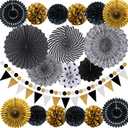 Party Decorations, Black and Gold Hanging Paper Fans, Pom Poms Flowers, Pennant, Garland String, Banner for Birthday Parties Wedding Dcor, Table & Wall Decorations