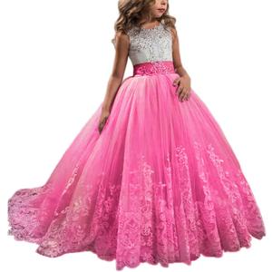 Princess Hot Pink Long Girls Pageant Dresses Kids Prom Puffy Tulle Ball Gown US 6