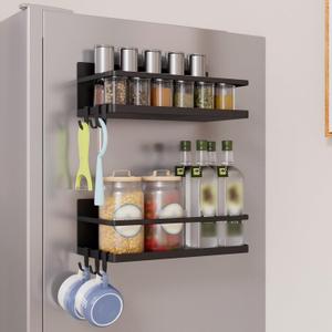 Magnetic Spice Rack for Refrigerator, 2 Pack Magnetic Shelf, Fridge Magnet Organizer with Moveable 6 Hooks, Magnetic Fridge Shelf for Kitchen Organization and Storage(Black, 2 Pack)