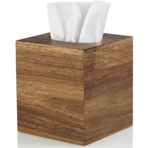 ALELION Tissue Box Cover Square - Acacia Wood Tissue Box Holder for Tabletop Night Stands Bathroom Office - Decorative Facial Cube Tissue Box Cover for Modern Farmhouse Decor
