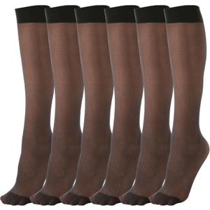 6 Pairs Knee High Stockings for Women, 20 Denier Nylon Sheer Socks with Reinforced Toes Black Nude, One Size