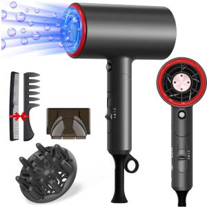Hair Dryer, 1800W Professional Blow Dryer with Ions Diffuser, Fast Drying, Portable Hair Dryer for Women Men, Low Noise, 3 Wind Speed, Includes Concentrator and Diffuser, Gray