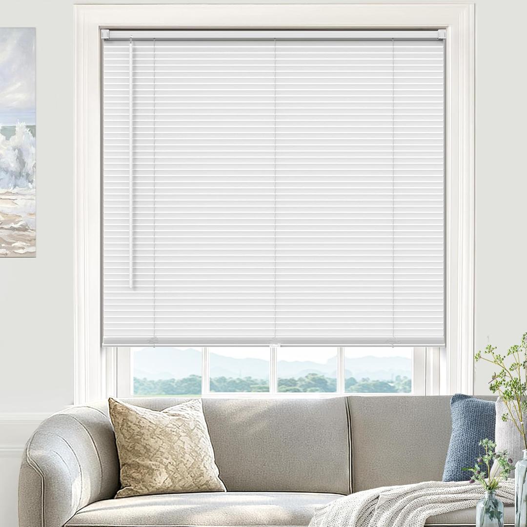 Blinds for Indoor Windows 1" Vinyl L-Shaped Slats Cordless Mini Blinds for Home, 35" W  36" H - White