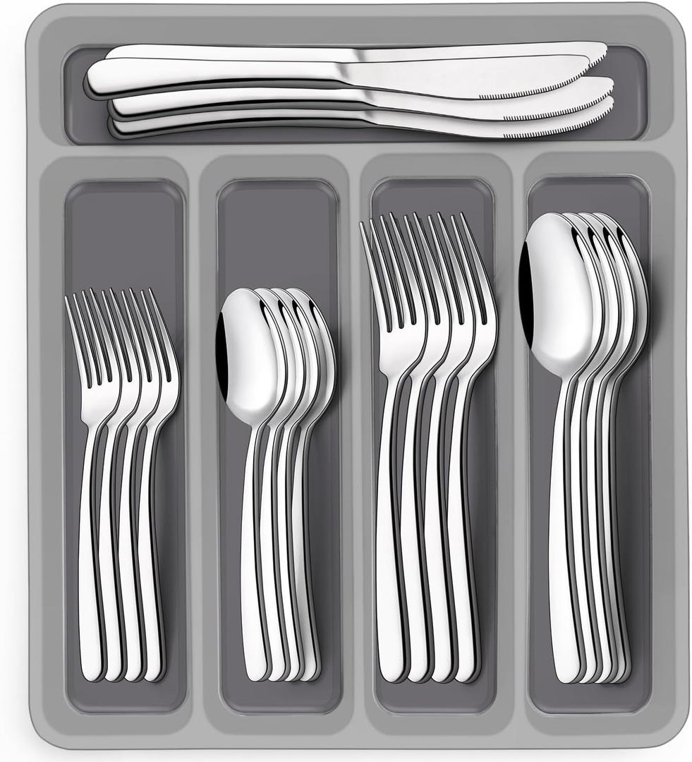 40-Piece Silverware Set with Organizer, EWFEN Heavy Duty Stainless Steel Flatware Set for 8, Food-Grade Tableware Cutlery Set, Utensil Sets for Home Restaurant, Mirror Finish, Dishwasher Safe