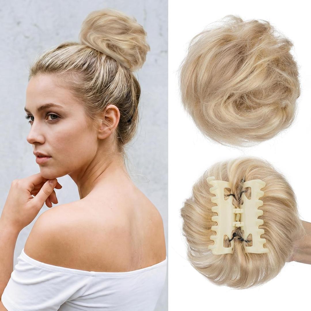 MY-LADY Claw Clip Messy Bun Hair Pieces Human Hair for Women Real Hairpiece Wavy Scrunchies Tousled Updo Donut Chignon Ponytail Extension Golden Brown & Bleach Blonde