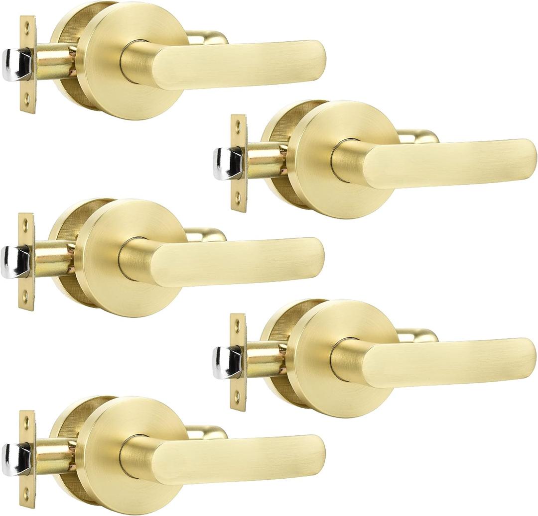 Leydebong 5 Pack Passage Door Handles, Light Satin Brass Door Knobs Interior, Hallway Closet Door Levers Keyless Gold Door Handle, Heavy Duty Round Door Handle Set for Left or Right Handed Doors