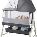 Multifunctional 3-in-1 Baby Bassinet for Bedside Sleep, Nursing & Rocking - Adjustable Height, Breathable Mesh, Portable Design with Mosquito Net, Safe & Supports Independent Sleep (Black)