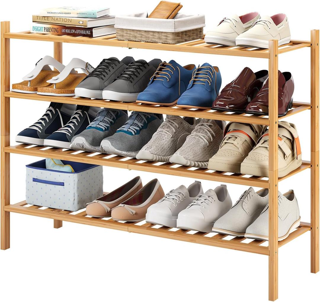 Long Shoe Rack, 4-Tier Bamboo Stackable Shoe Shelf Storage Organizer, Shoe Stand for Closet, Entryway and Hallway (Natural)