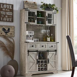 OKD 72" Farmhosue Bar Cabinet with Sliding Barn Door, Large Kitchen Buffet with Hutch w/Wine & Glasses Rack, 3 Drawers, 12 Storage Shelves, Rustic Coffee Bar Sideboard Table, Light Rustic Oak