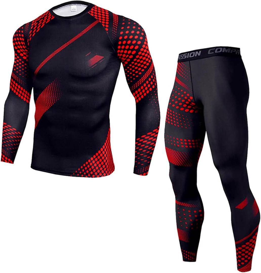 OEBLD Men's Workout Compression Clothes Long Sleeve Compression Shirts and Pants Thermal Base Layer Set (Red Dot), M