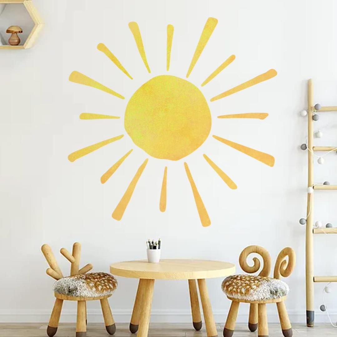 35.4" x 35.4" Watercolor Boho Sun Wall Decals Peel and Stick, PVC Sunrise Wall Stickers, Yellow Sunshine Wall Art Decor for Kids Room Playroom Nursery Bedroom (Boho Sun-3)