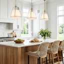 BYOLIIMA Modern Cone Pendant Light Fixture with 13.8" White Linen Fabric Drum Shade 3-Lights Gold Brass Chandelier Vintage Adjustable Hanging Light Fixture Kitchen Island Bedroom Dining Room Foyer