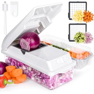 X Home Vegetable Chopper, Includes 3 Aluminum Foil Pans for Food Storage, Veggie Chopper for Cucumber, Carrots, Onion, Potatoes, Chopper Vegetable Cutter with Container, 2 in 1, Easy Cleaning, White
