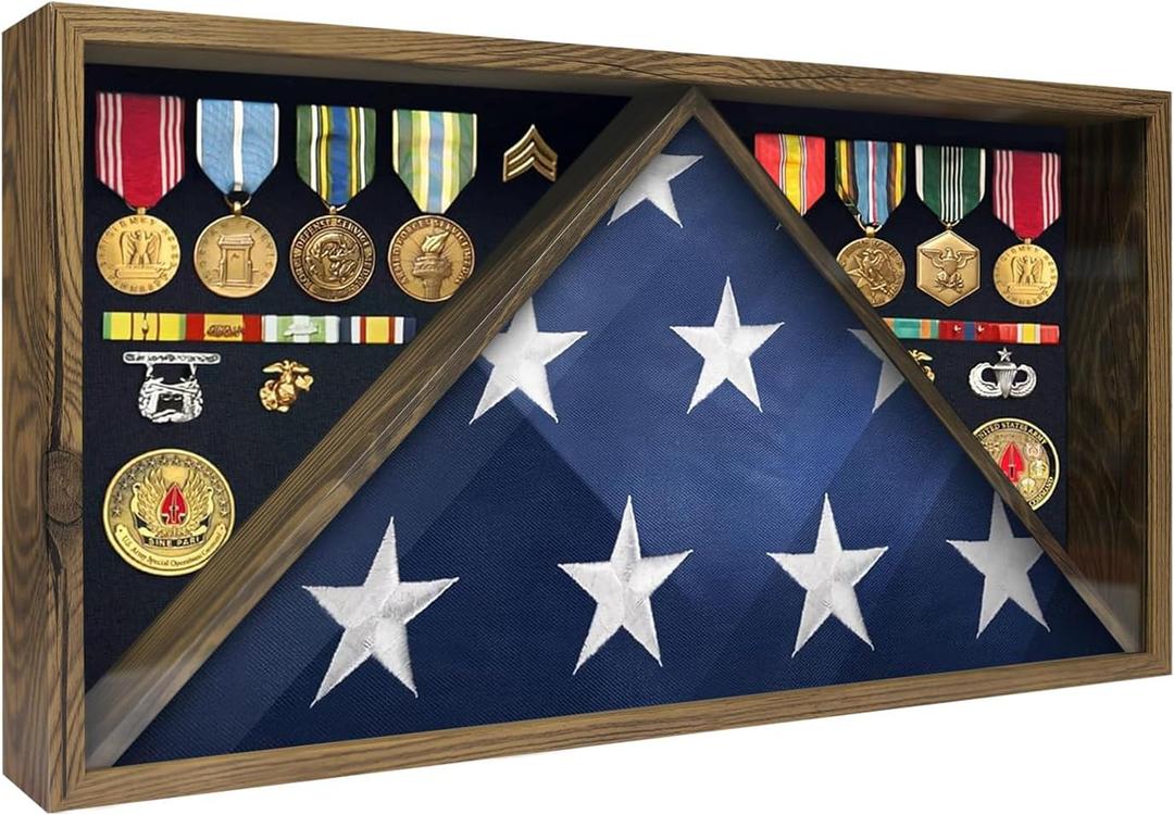 Memorial Flag Display Case for 9x12 American Veteran Burial Flag with HD Tempered Glass, Military Shadow Box with Velvet Felt Lining for Medals, Rustic