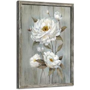 Rustic Flower Wooden Wall Art: Vintage White Floral Framed Oil Painting Abstract Botanical Picture Modern Blossom Prints Artwork for Living Room Bedroom Farmhouse (16L" x 24W")