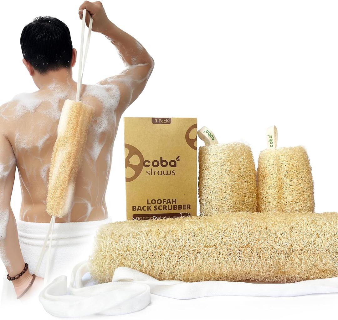 Natural Loofah Exfoliating Back & Body Scrubber Set | 40" Natural Whole Loofah Back Scrubber with Handles for Deep Cleansing | 100% Plant-Based Eco Luffa Shower Sponges for Women & Men