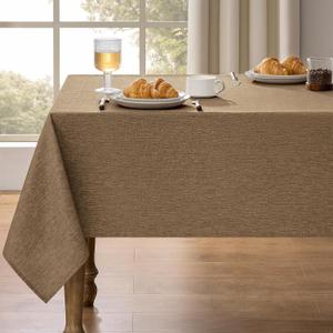 Decorelia Faux Linen Farmhouse Table Cloth 60"x144" for 10 ft Rectangle Table, Coffee Waterproof Outdoor Washable Tablecloth for Rectangular Dining Room Kitchen Outdoor Party Restaurant Table,Coffee