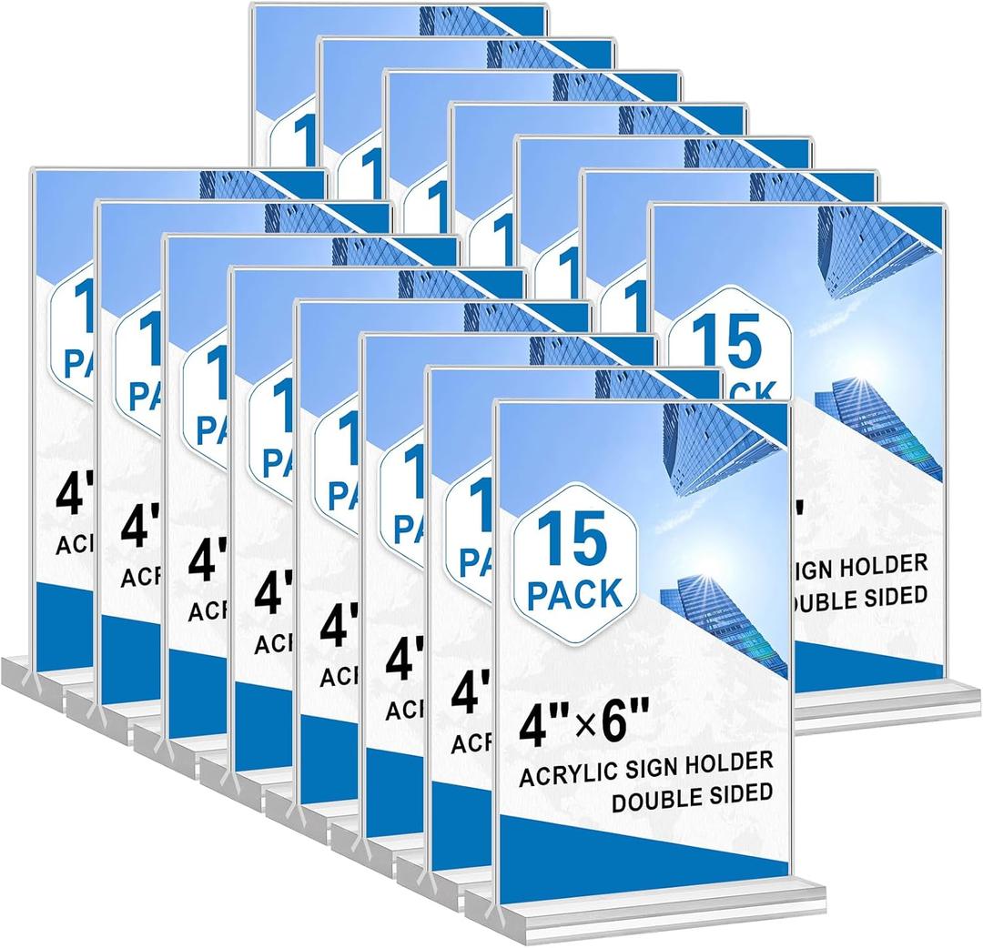 Acrylic Sign Holder 4x6, 15 Pack Clear Double Sided Menu Vertical Display Stand, Desktop Paper Holder Suitable for Restaurants, Office, Store, Show Fair