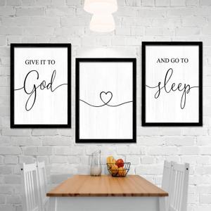 Give It to God and Go to Sleep Framed Wall Art set of 3 for Couples, 11''16'' Vintage Cottagecore Wooden Horizontal Wall Decor Above Bed, Farmhouse Wedding Gift for Bedroom