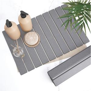 Stone Bath Mat for Bathroom  Roll-Up & Foldable | 23.62" x 15.75" | Quick Drying & Super Absorbent | Long Diatomite Stone Drying Mat for Kitchen| Non-Slip | Durable | Gray (Grey)