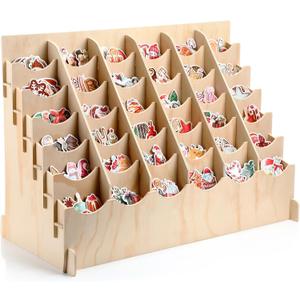 Colingmill Sticker Display Stand with 36 Curved Pockets for 4 Inch Stickers Wooden Brochure Bookmark Display Holder for Vendor Booths Wooden Greeting Card Organizer Rack for Small Business Shop Store