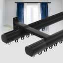 Double Curtain Rod Set for Windows, Heavy Duty Dual Track System with Aluminum Brackets, Decorative Black Curtain Rail for Room Divider, Bedroom & Living Room Drapes (Black, 96")