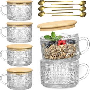 LANDNEOO 6 Pack 14oz Vintage Glass Coffee Mugs with Bamboo Lids and Spoons, Green Embossed Drinking Glasses for Iced Coffee, Tea, Latte LANDNEOO 6 Pack 14oz Vintage Glass Coffee Mugs with Bamboo Lids and Spoons, Green Embossed Drinking Glasses for Iced Coffee, Tea, Latte
