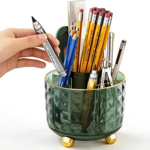 GOTOBA Dark Green Pen Pencil Holder for Desk, 360 Rotating Pen Organizer, Green Office Supplies, Cute Pen Holder, 6-Compartment Pencil Holder Rotating, Dark Green 