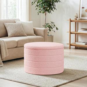 22" Round Storage Ottoman,Boucle Sherpa Ottoman with Tray, Faux Teddy Foot Rest Coffee Table for Bedroom Dorm Living Room,Pink, 22.2"D x 22.2"W x 15.8"H