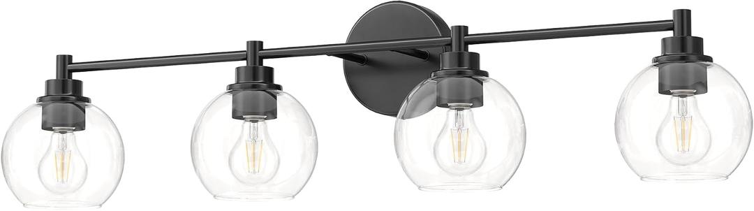 VONLUCE Bathroom Light Fixtures, 4-Light Bathroom Vanity Light with Globe Glass Shades E26 Sockets, Vanity Lights Over Mirror for Bedroom Hallway Living Room, Black Finish